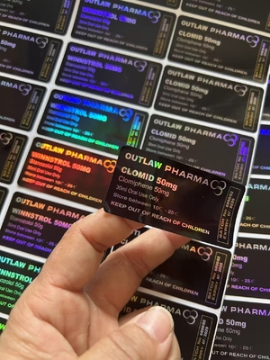 Clomid 50mg Customized Plastic Bottle Labels , Vial Labels With Black Background Laser Words Printing
